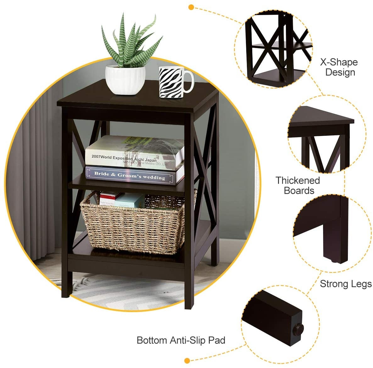3-Tier X-Design Nightstands with Storage Shelves for Living Room Bedroom-Dark Brown-End & Side Tables-DECOROLALA
