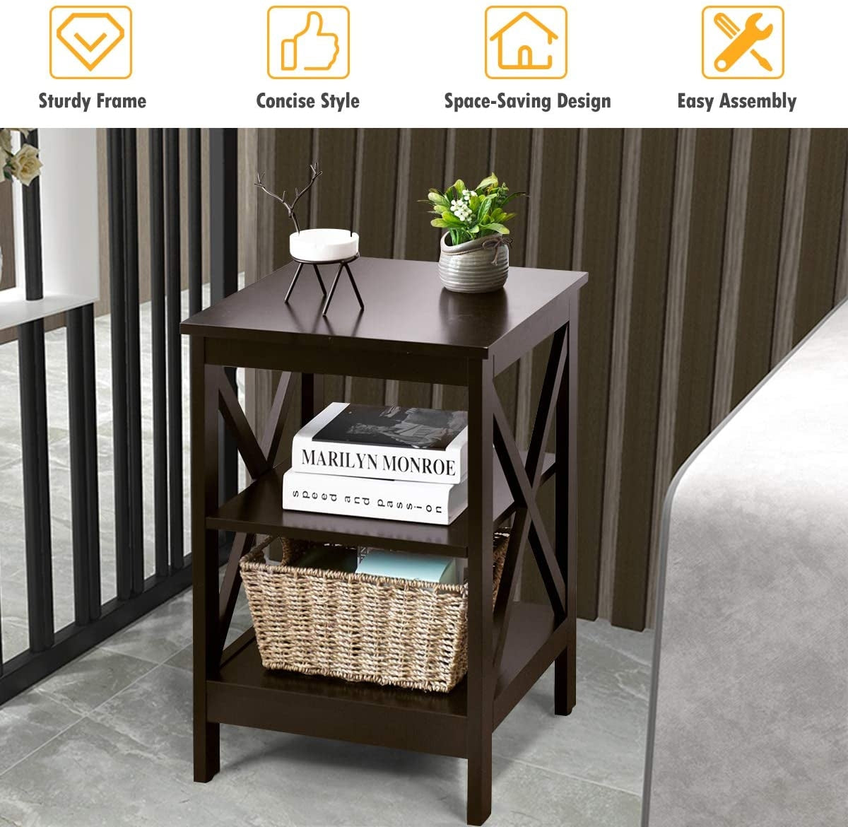 3-Tier X-Design Nightstands with Storage Shelves for Living Room Bedroom-Dark Brown-End & Side Tables-DECOROLALA