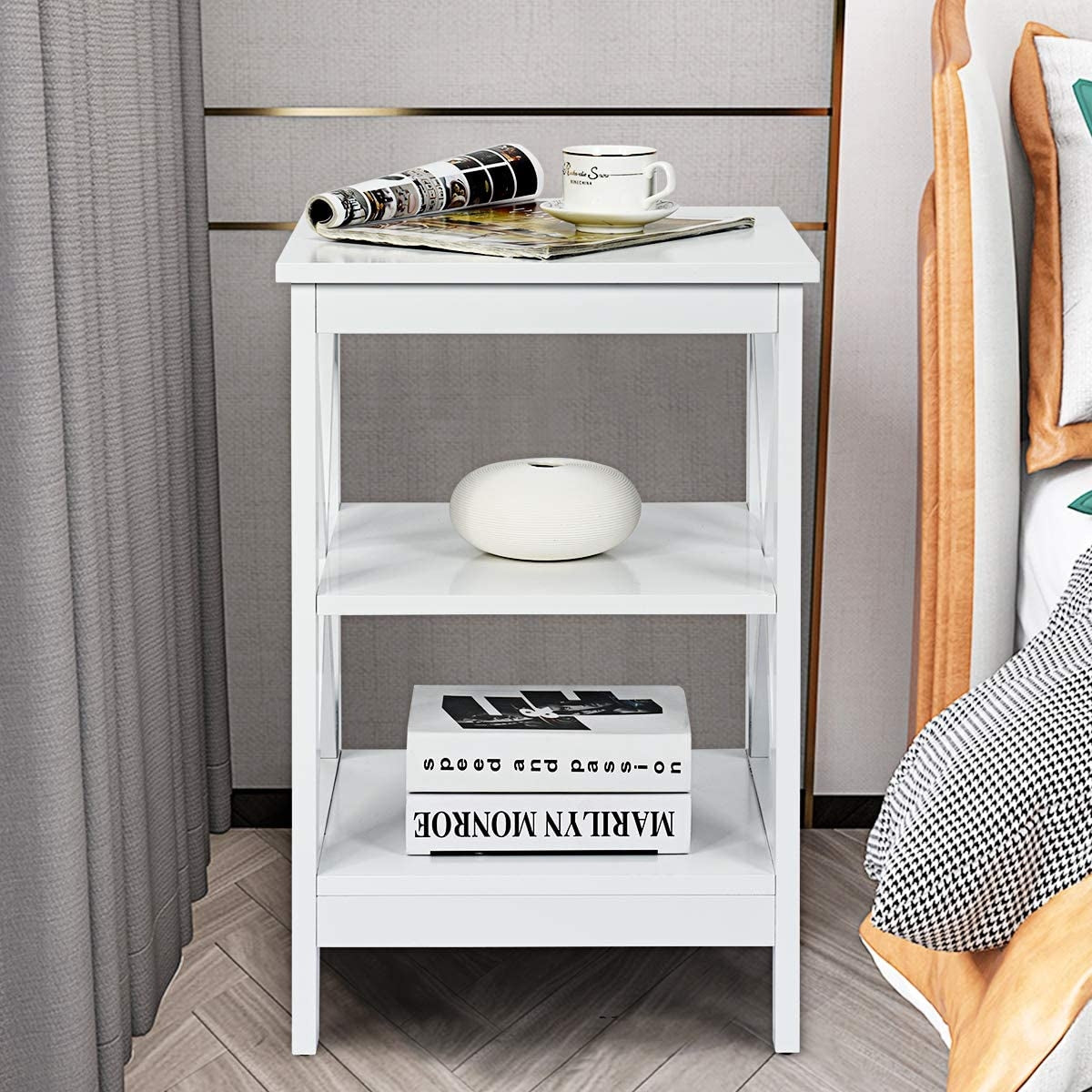 3-Tier X-Design Nightstands with Storage Shelves for Living Room Bedroom-White-End & Side Tables-DECOROLALA