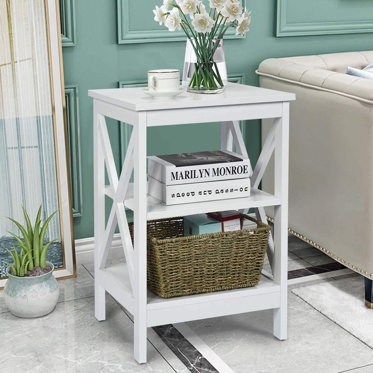 3-Tier X-Design Nightstands with Storage Shelves for Living Room Bedroom-White-End & Side Tables-DECOROLALA