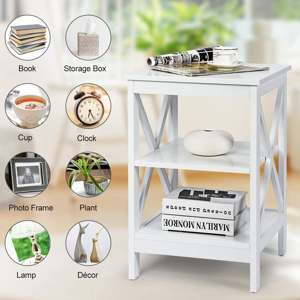 3-Tier X-Design Nightstands with Storage Shelves for Living Room Bedroom-White-End & Side Tables-DECOROLALA