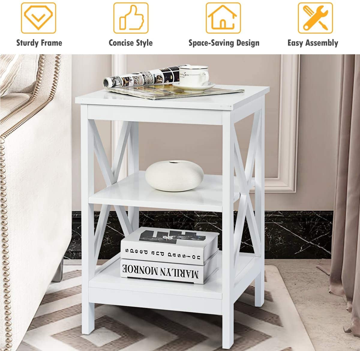 3-Tier X-Design Nightstands with Storage Shelves for Living Room Bedroom-White-End & Side Tables-DECOROLALA