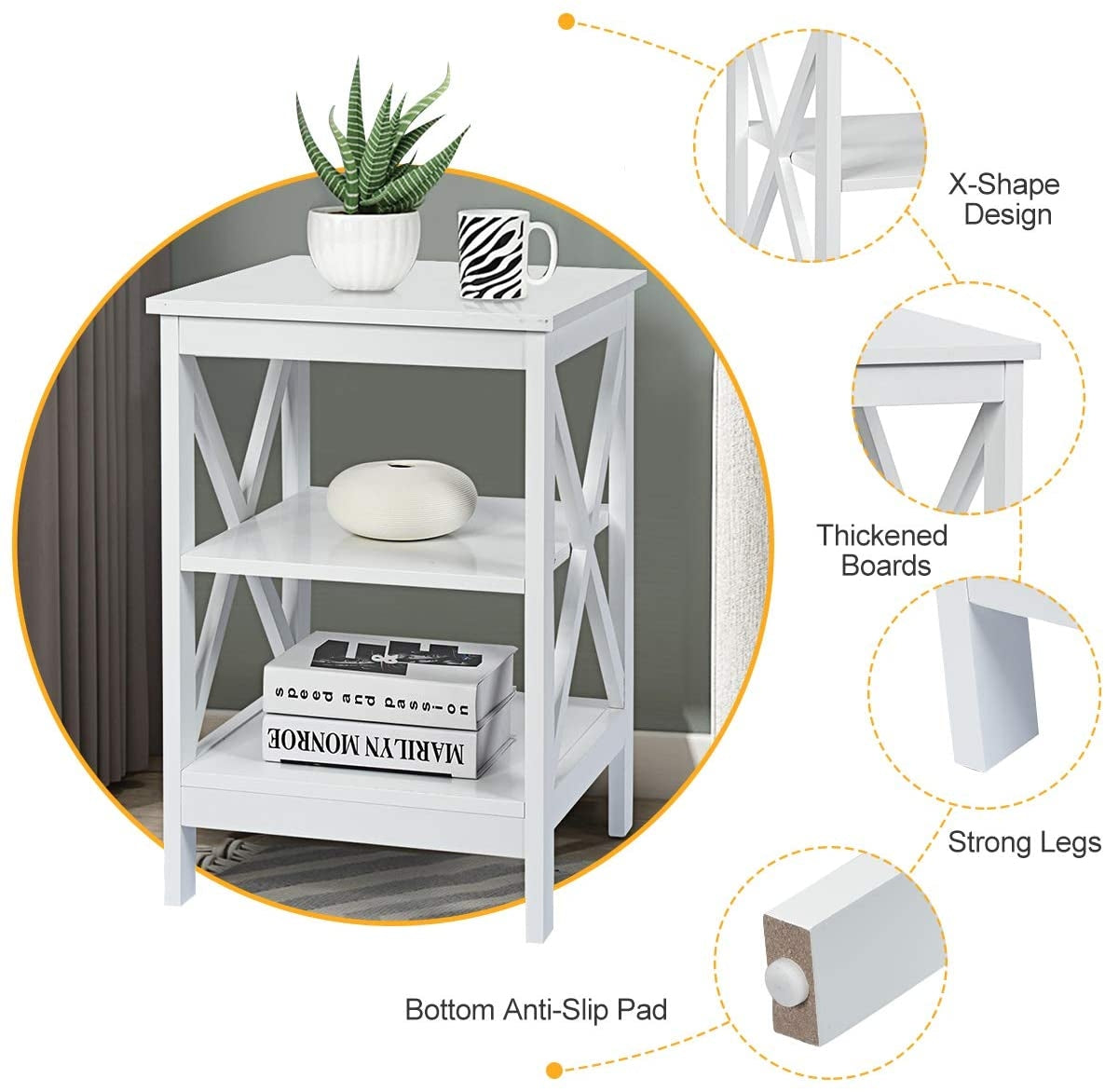 3-Tier X-Design Nightstands with Storage Shelves for Living Room Bedroom-White-End & Side Tables-DECOROLALA