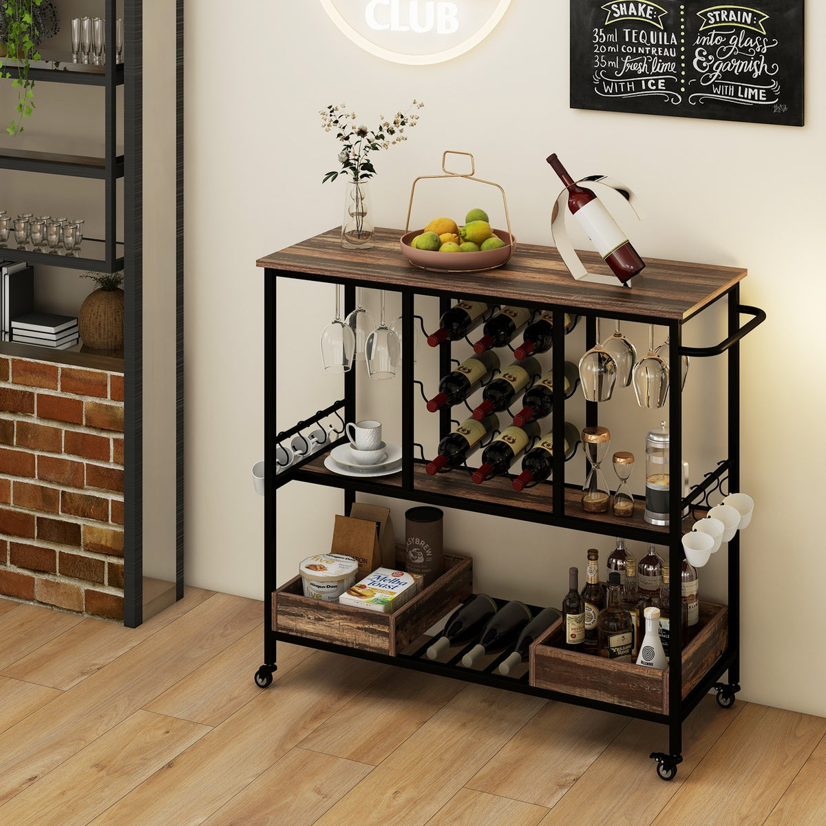 3 Tiers Bar Cart on Wheels with Glass Racks-Brown-Kitchen Islands & Carts-DECOROLALA