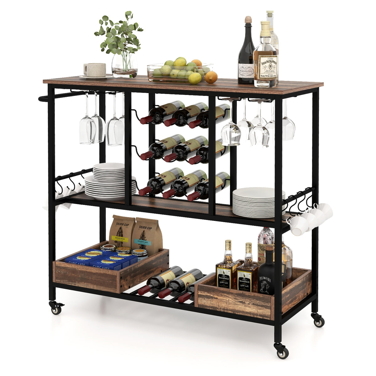 3 Tiers Bar Cart on Wheels with Glass Racks-Brown-Kitchen Islands & Carts-DECOROLALA
