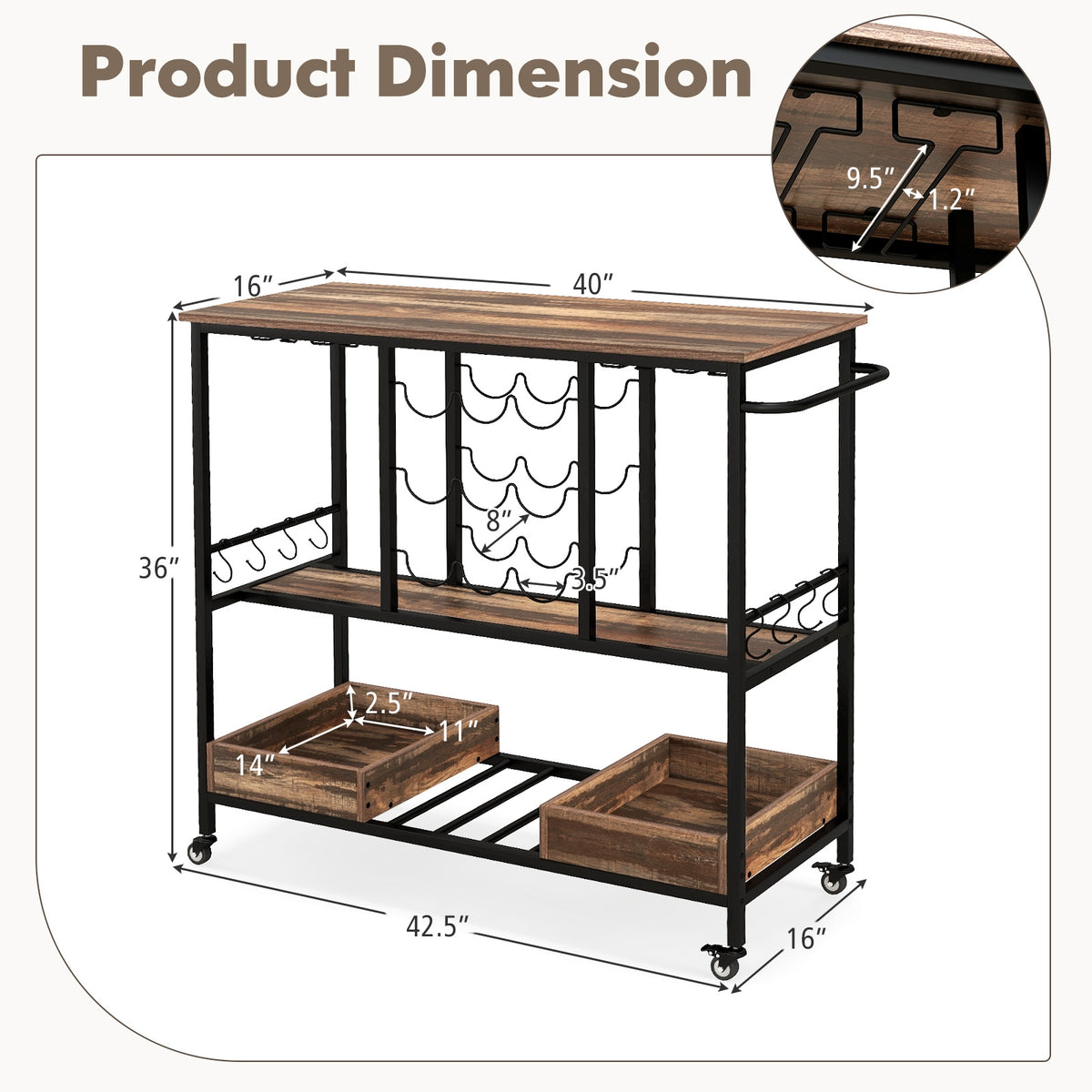 3 Tiers Bar Cart on Wheels with Glass Racks-Brown-Kitchen Islands & Carts-DECOROLALA