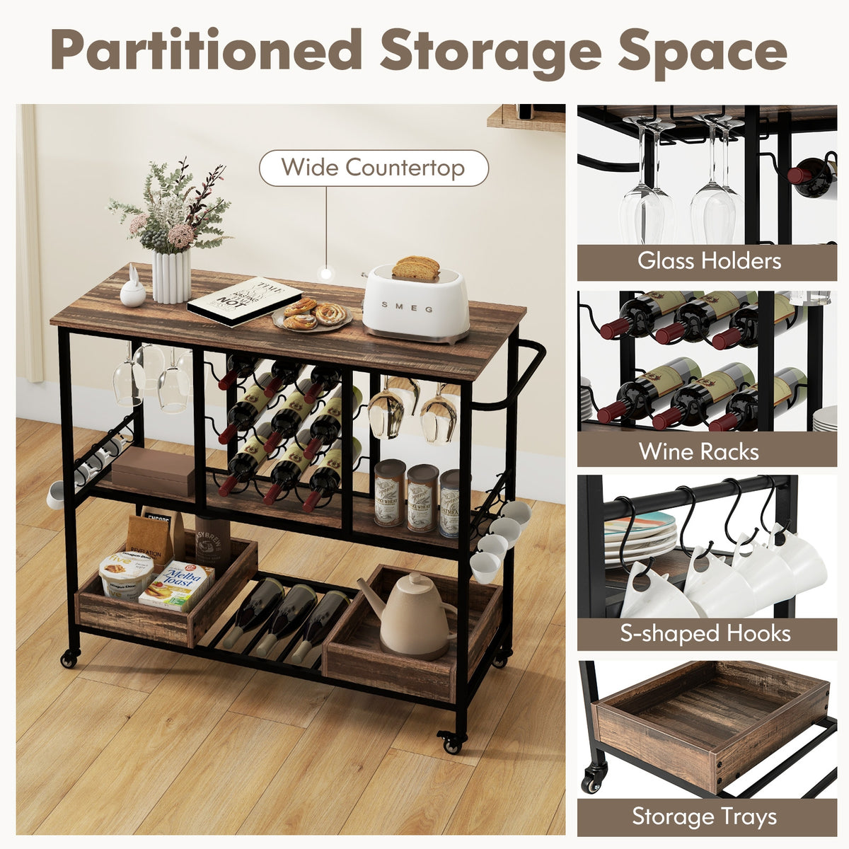 3 Tiers Bar Cart on Wheels with Glass Racks-Brown-Kitchen Islands & Carts-DECOROLALA