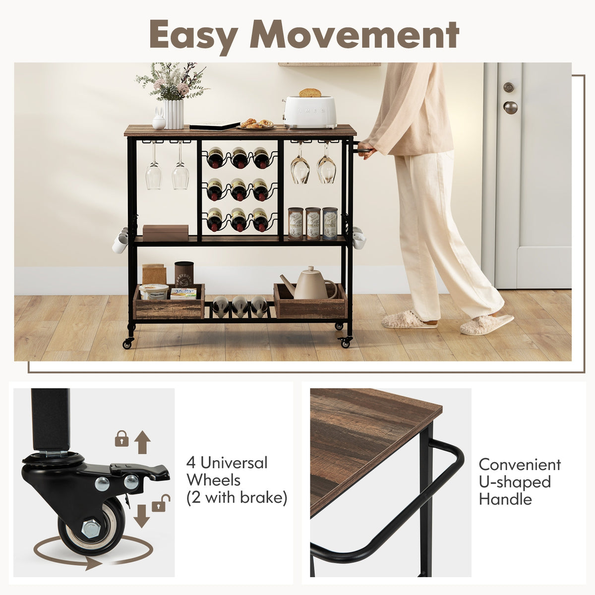3 Tiers Bar Cart on Wheels with Glass Racks-Brown-Kitchen Islands & Carts-DECOROLALA