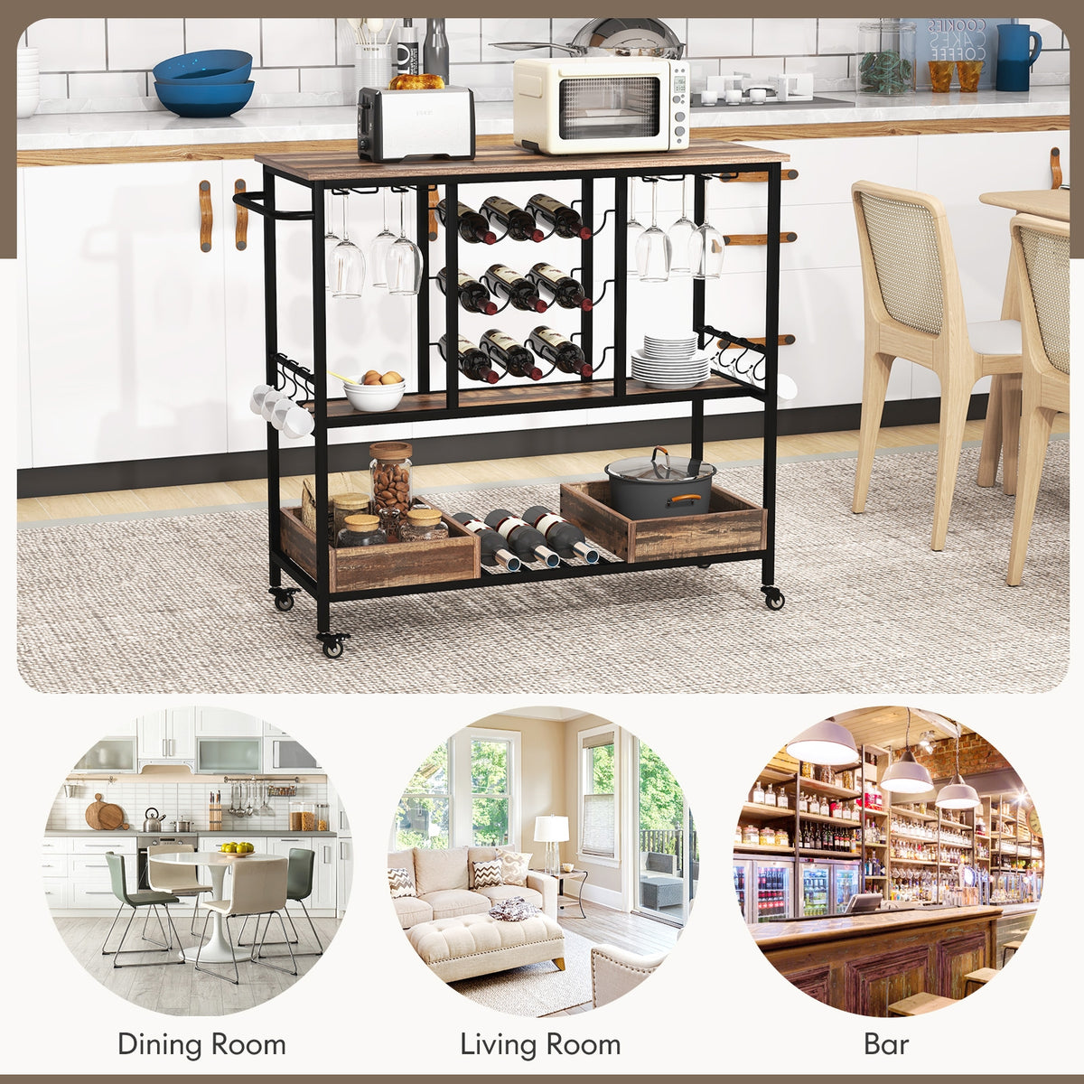 3 Tiers Bar Cart on Wheels with Glass Racks-Brown-Kitchen Islands & Carts-DECOROLALA