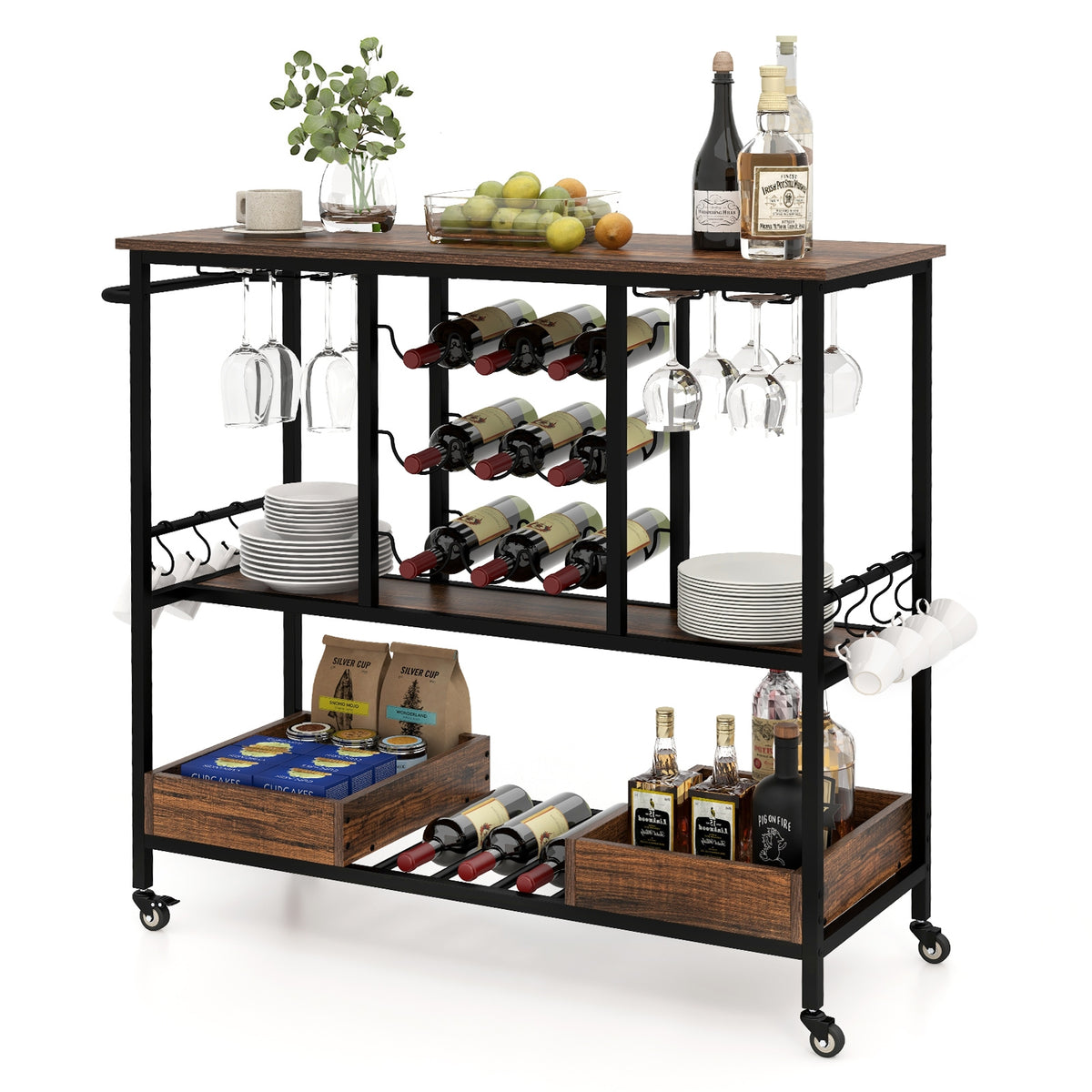 3 Tiers Bar Cart on Wheels with Glass Racks-Rustic Brown-Kitchen Islands & Carts-DECOROLALA