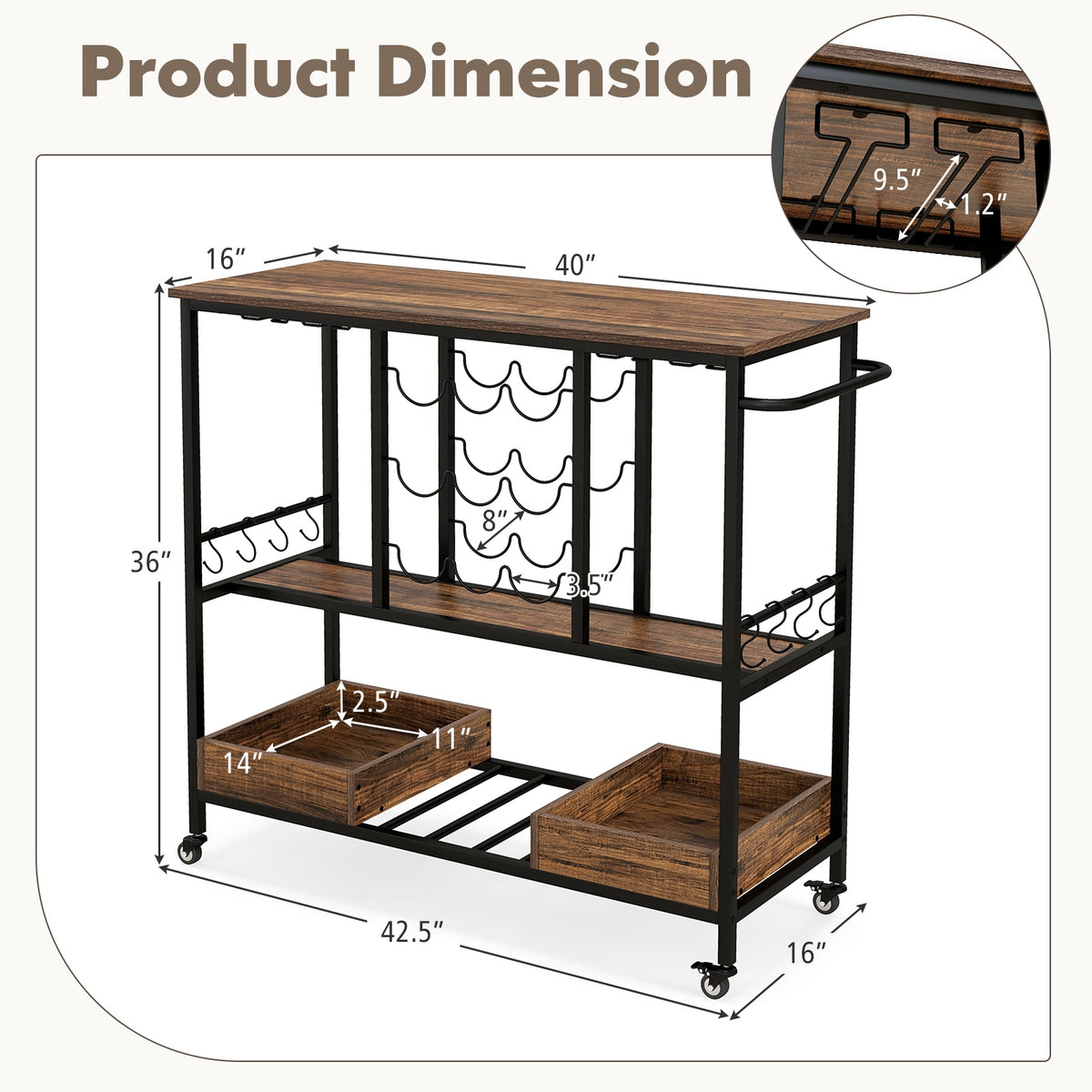 3 Tiers Bar Cart on Wheels with Glass Racks-Rustic Brown-Kitchen Islands & Carts-DECOROLALA