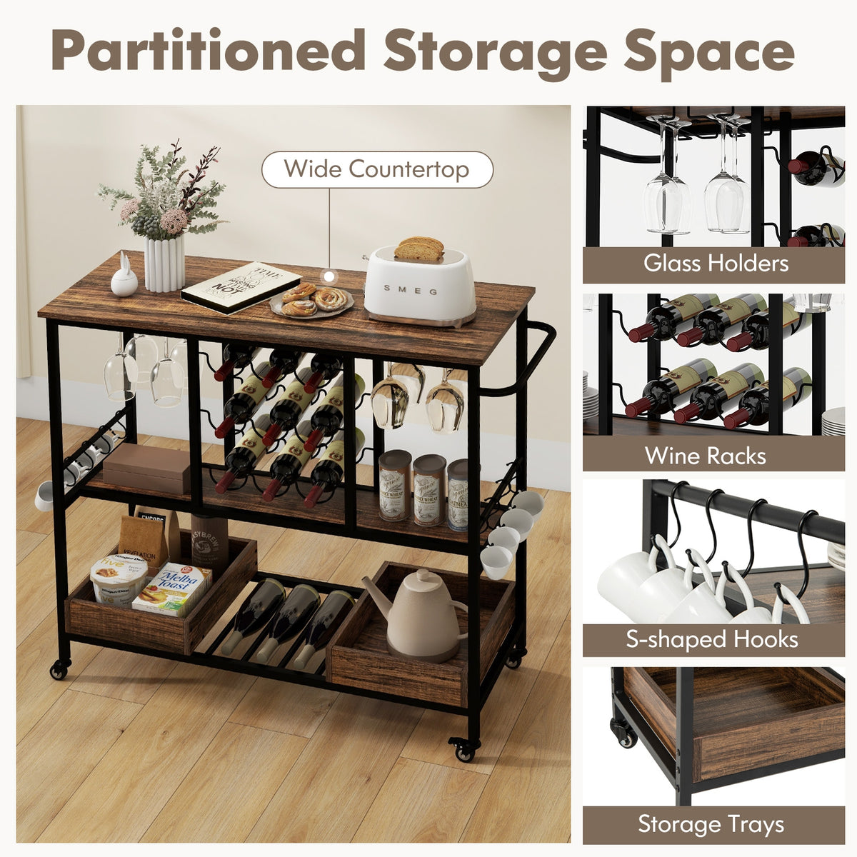 3 Tiers Bar Cart on Wheels with Glass Racks-Rustic Brown-Kitchen Islands & Carts-DECOROLALA