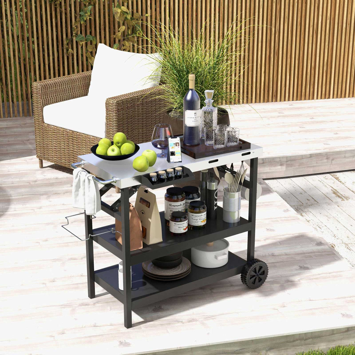 3 Tiers Foldable Outdoor Cart on 2 Wheels with Phone Holder-Black-Outdoor Grills-DECOROLALA