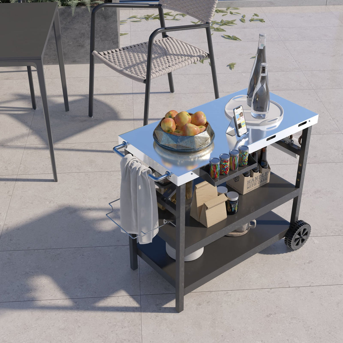 3 Tiers Foldable Outdoor Cart on 2 Wheels with Phone Holder-Black-Outdoor Grills-DECOROLALA