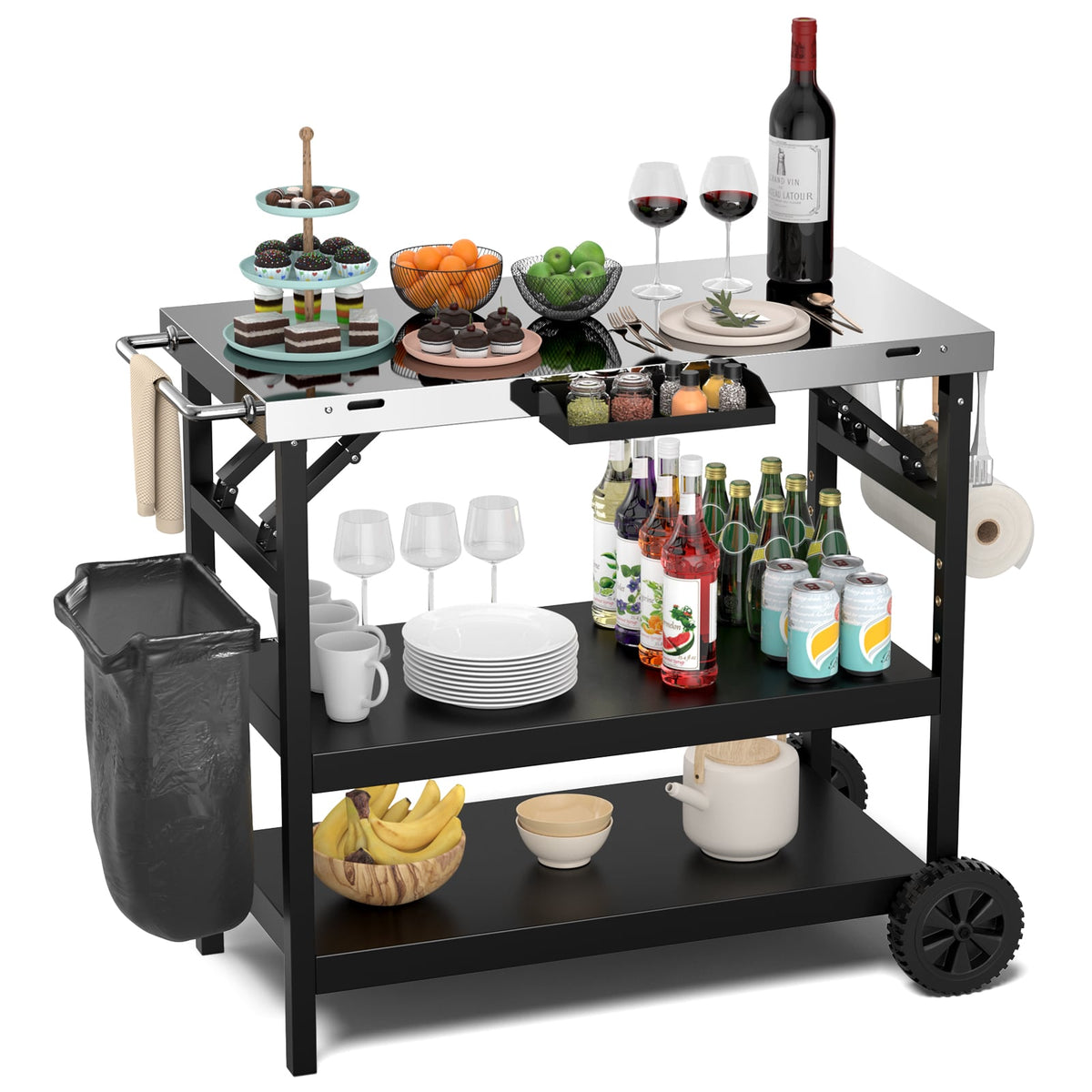 3 Tiers Foldable Outdoor Cart on 2 Wheels with Phone Holder-Black-Outdoor Grills-DECOROLALA