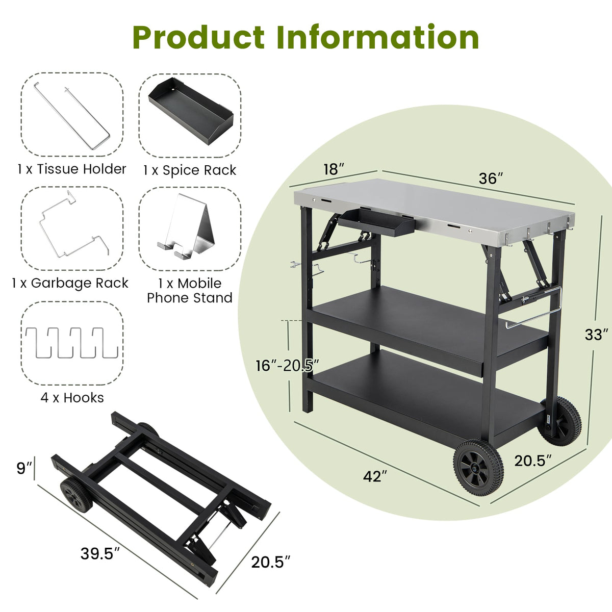 3 Tiers Foldable Outdoor Cart on 2 Wheels with Phone Holder-Black-Outdoor Grills-DECOROLALA