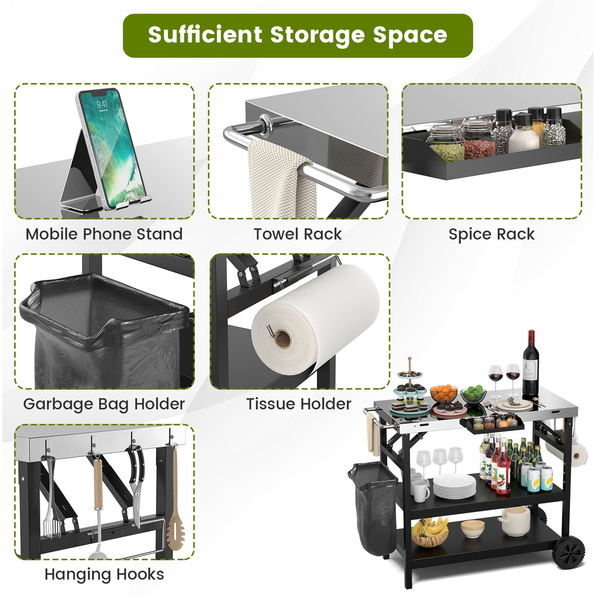 3 Tiers Foldable Outdoor Cart on 2 Wheels with Phone Holder-Black-Outdoor Grills-DECOROLALA