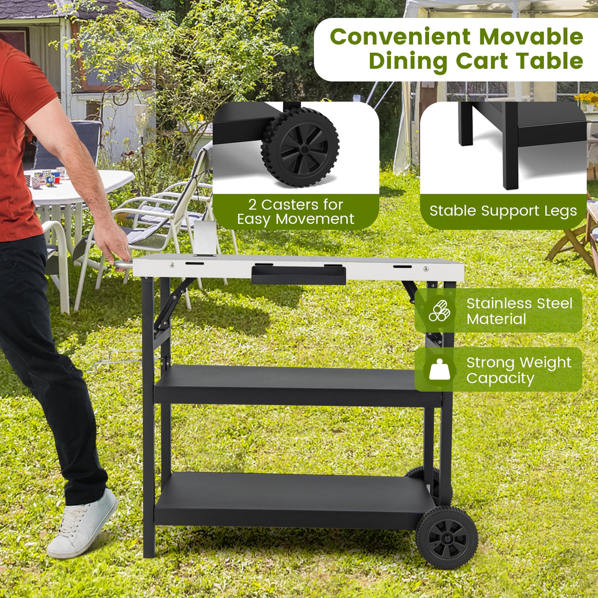 3 Tiers Foldable Outdoor Cart on 2 Wheels with Phone Holder-Black-Outdoor Grills-DECOROLALA