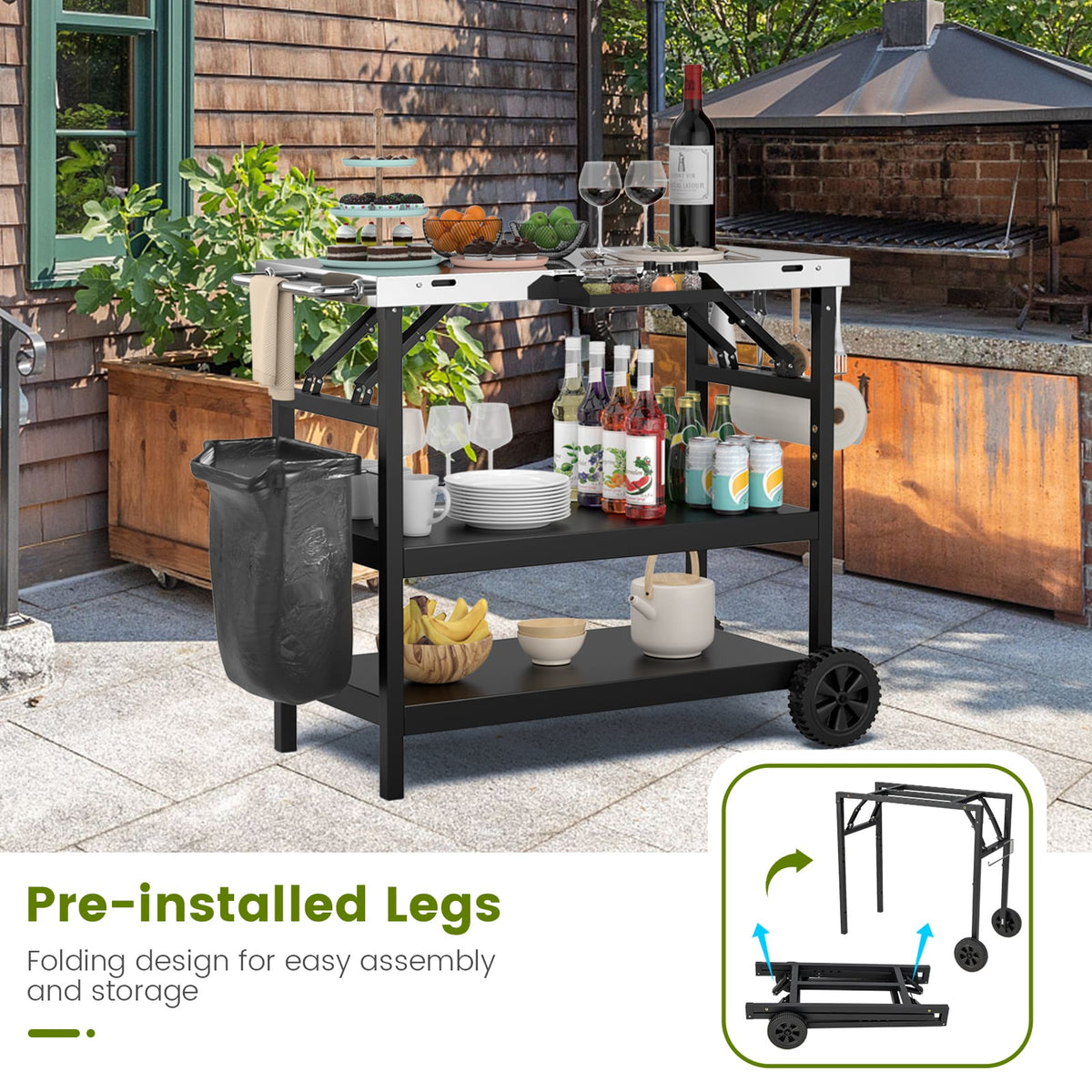 3 Tiers Foldable Outdoor Cart on 2 Wheels with Phone Holder-Black-Outdoor Grills-DECOROLALA