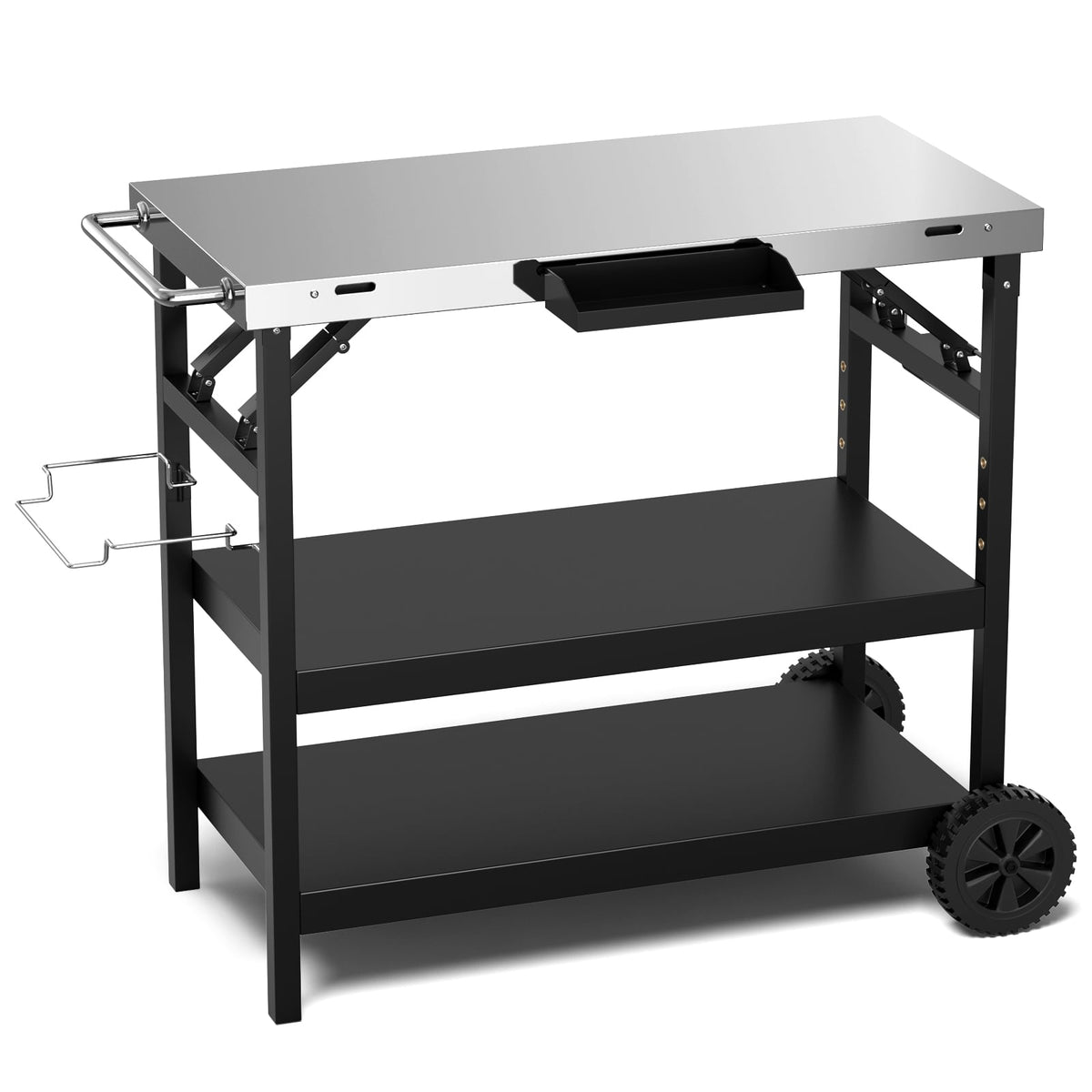 3 Tiers Foldable Outdoor Cart on 2 Wheels with Phone Holder-Black-Outdoor Grills-DECOROLALA