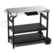 3 Tiers Foldable Outdoor Cart on 2 Wheels with Phone Holder-Black-Outdoor Grills-DECOROLALA