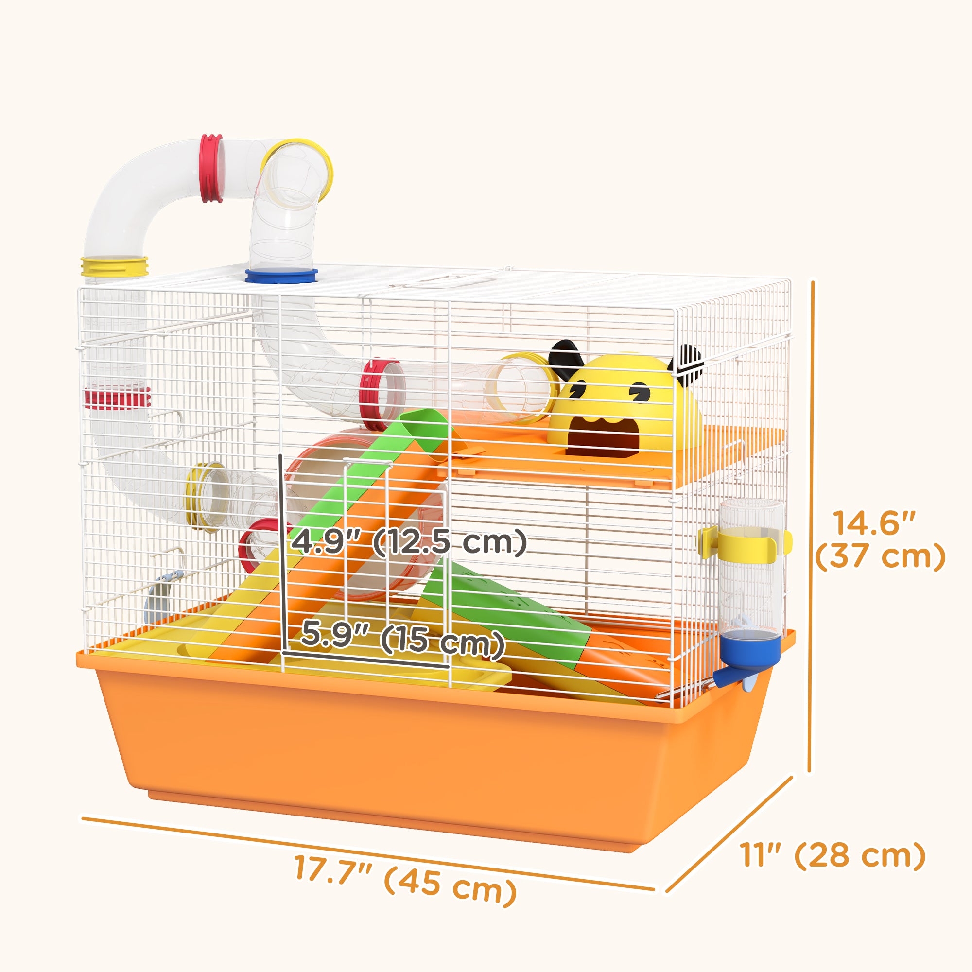3 Tiers Hamster Cage for Gerbil, Dwarf Hamster with Tunnels, Water Bottle, Exercise Wheel, 18" x 11" x 15" - Orange-Small Animals-DECOROLALA