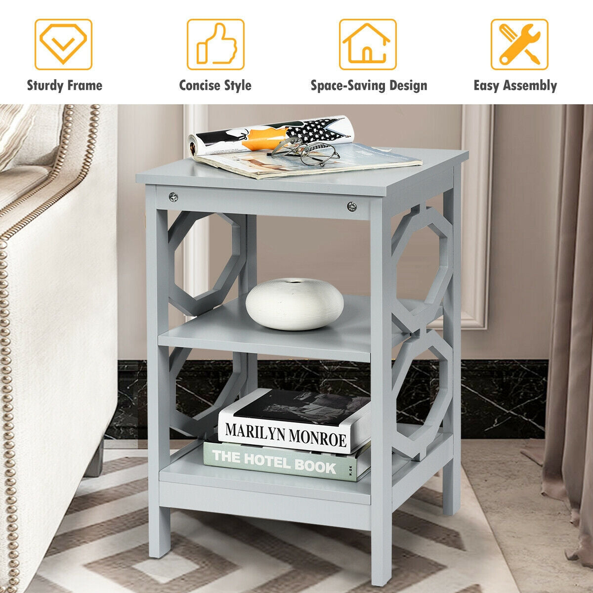 3 Tiers Nightstand Sofa Side End Accent Table-Gray-End & Side Tables-DECOROLALA
