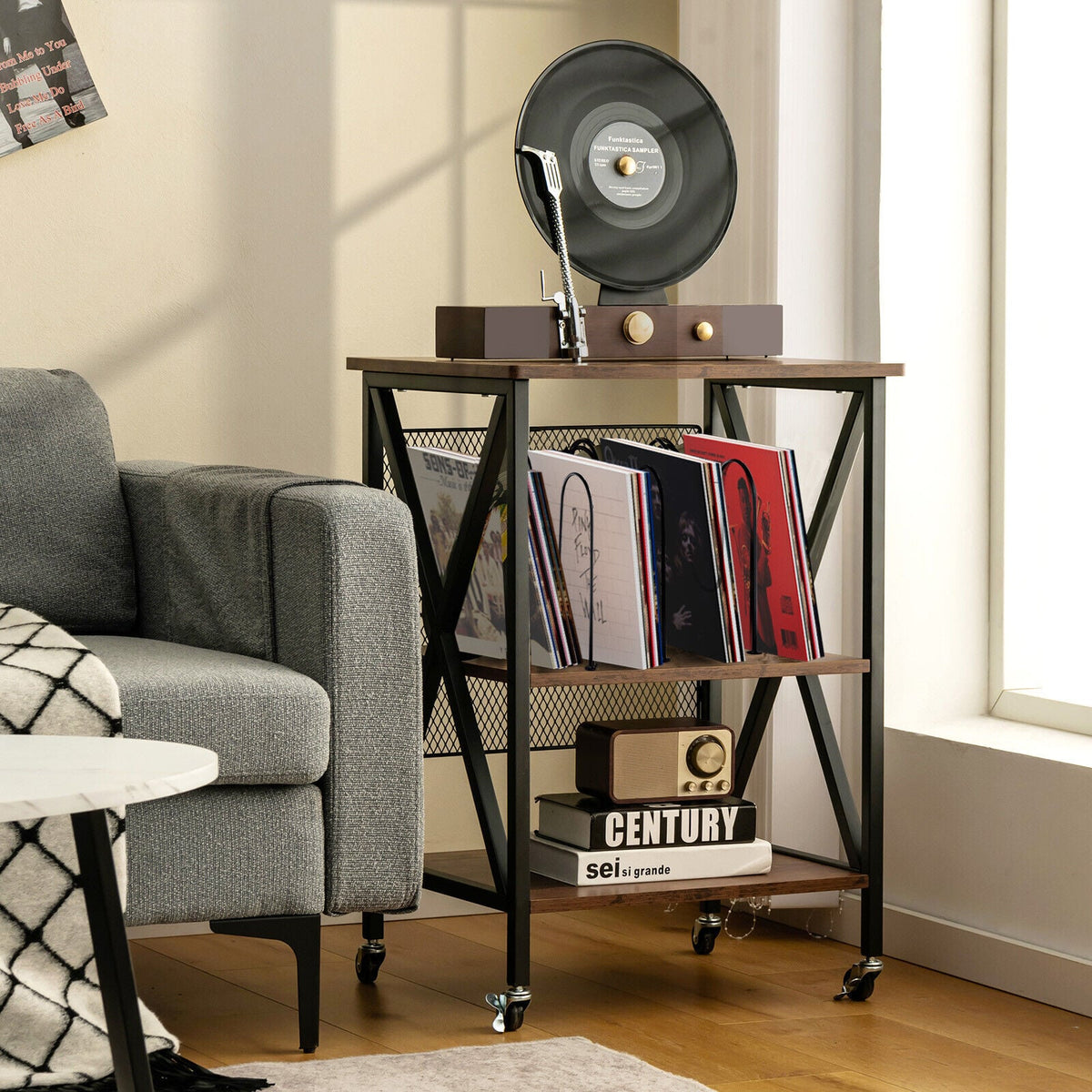 3 Tiers Vintage Style Rolling End Table with 3 Dividers for Albums-Brown-End & Side Tables-DECOROLALA