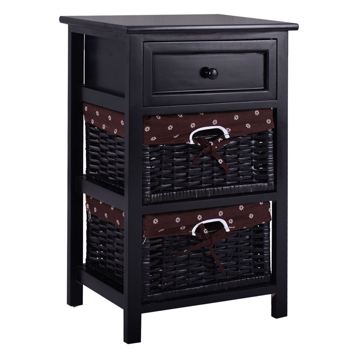 3 Tiers Wooden Storage Nightstand with 2 Baskets and 1 Drawer-black-Nightstands-DECOROLALA