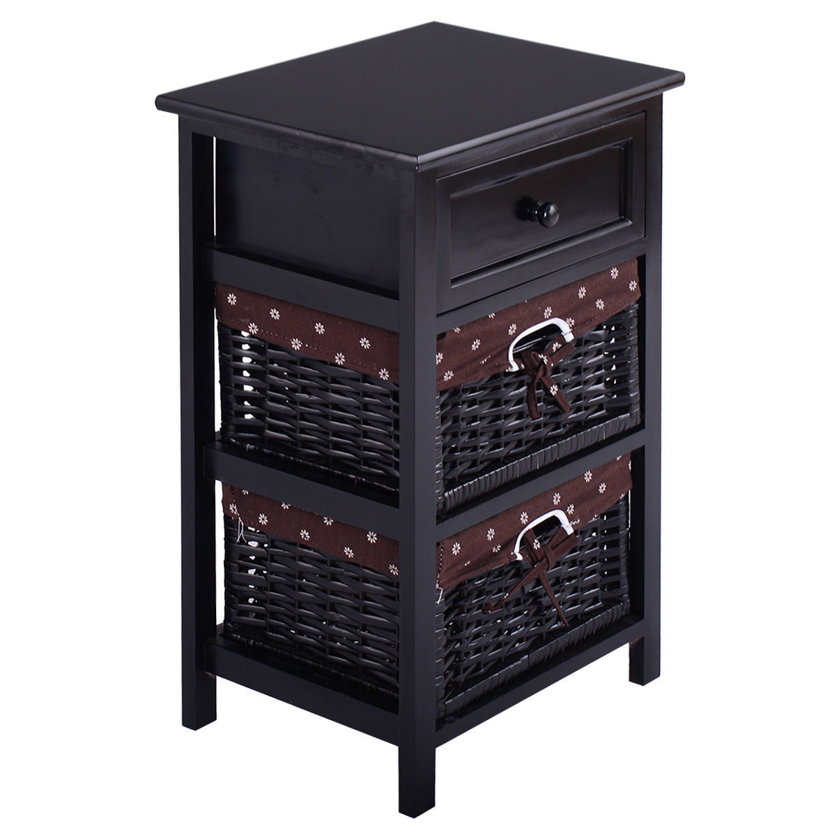 3 Tiers Wooden Storage Nightstand with 2 Baskets and 1 Drawer-black-Nightstands-DECOROLALA
