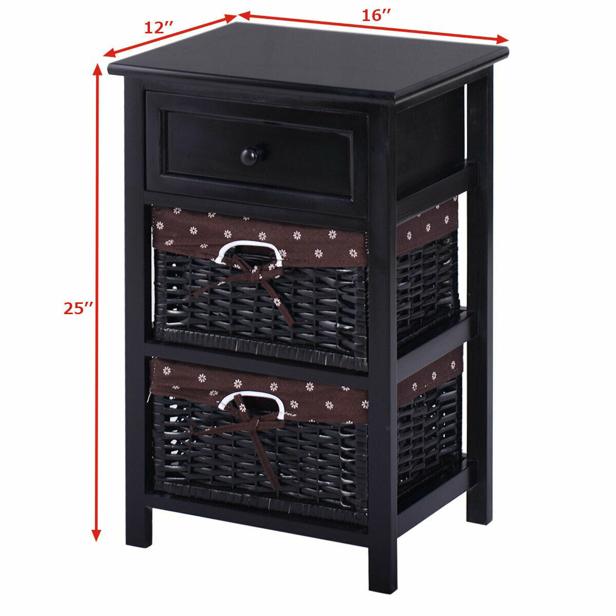 3 Tiers Wooden Storage Nightstand with 2 Baskets and 1 Drawer-black-Nightstands-DECOROLALA