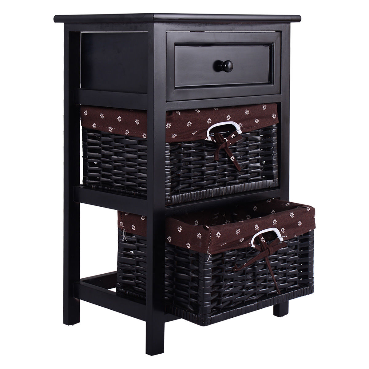 3 Tiers Wooden Storage Nightstand with 2 Baskets and 1 Drawer-black-Nightstands-DECOROLALA