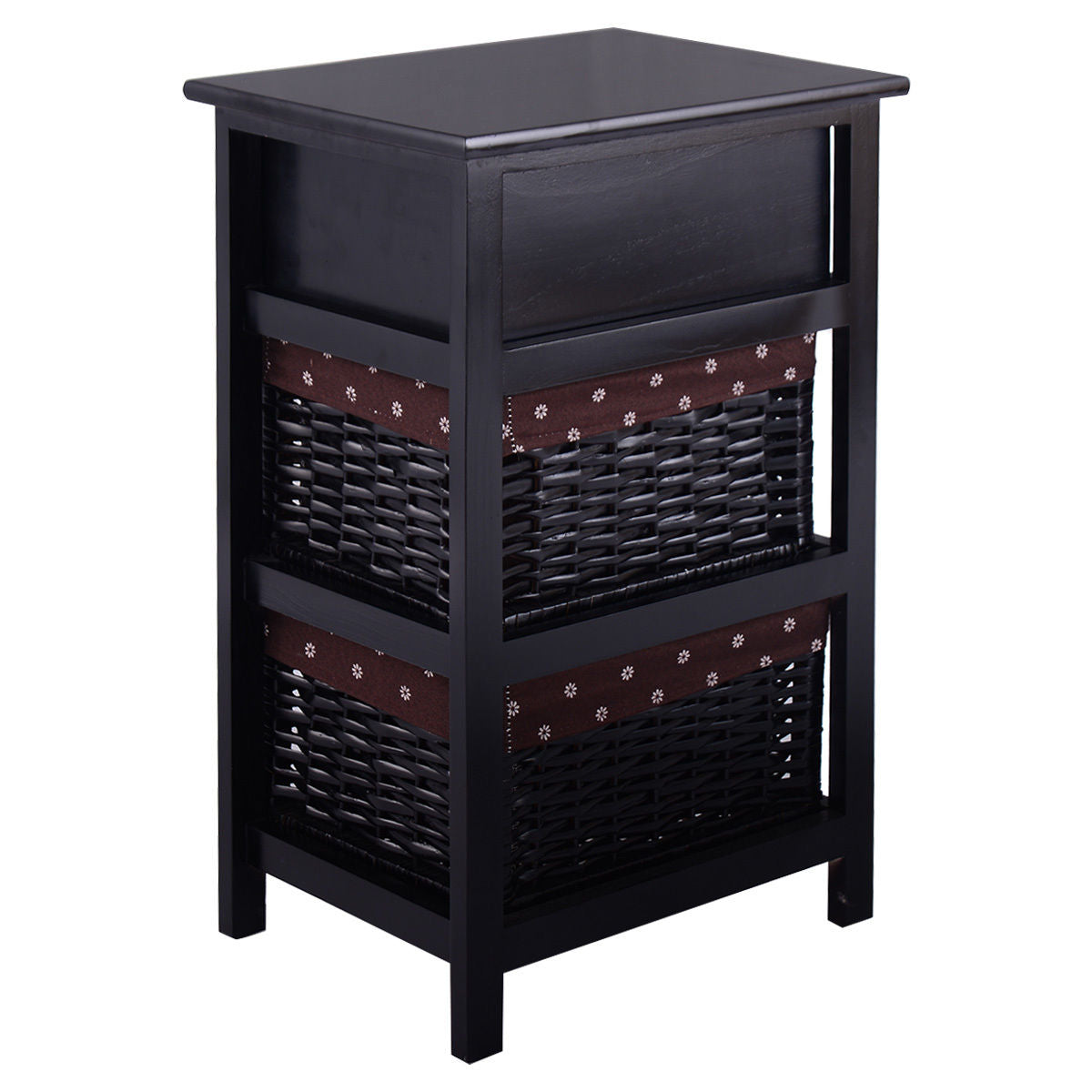 3 Tiers Wooden Storage Nightstand with 2 Baskets and 1 Drawer-black-Nightstands-DECOROLALA