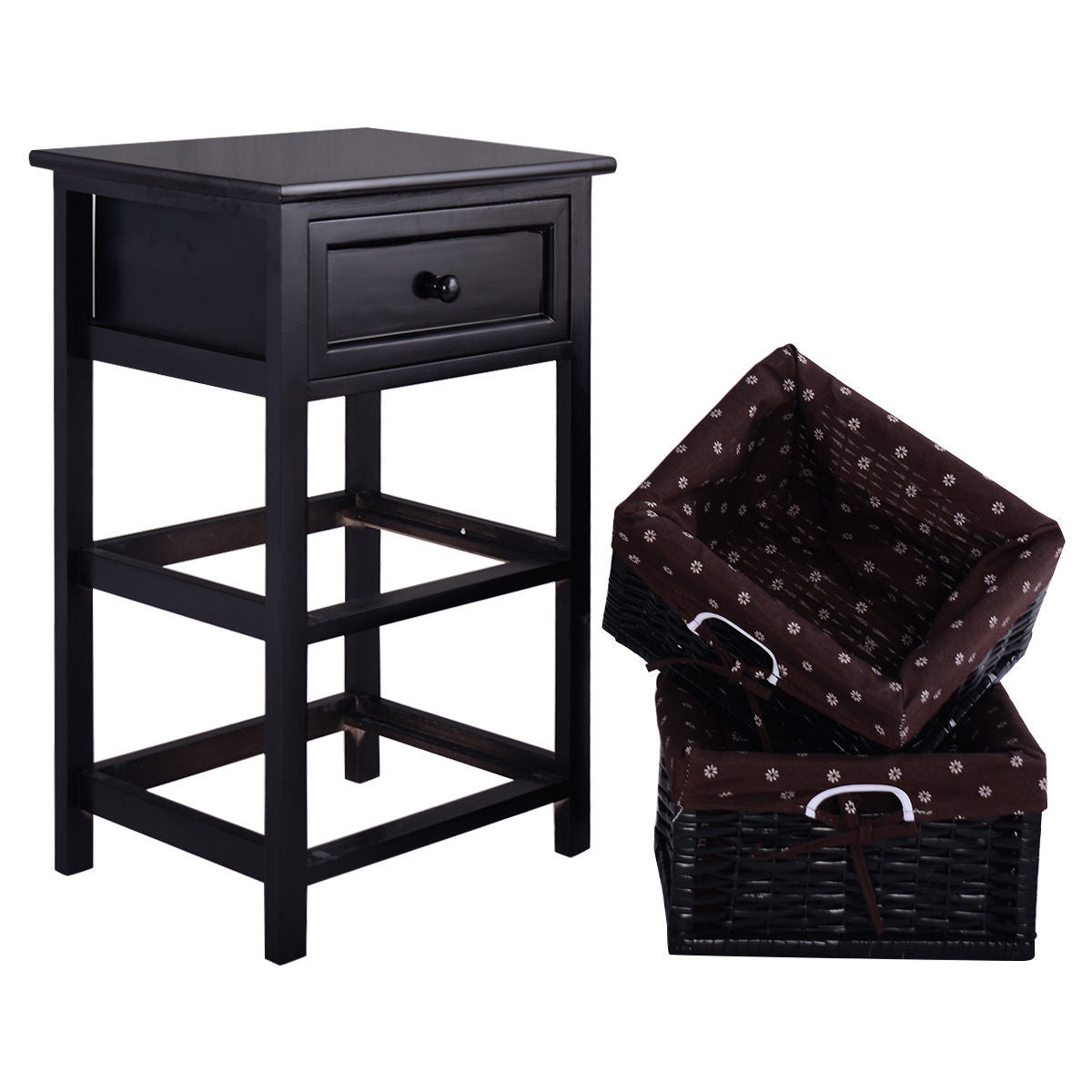 3 Tiers Wooden Storage Nightstand with 2 Baskets and 1 Drawer-black-Nightstands-DECOROLALA