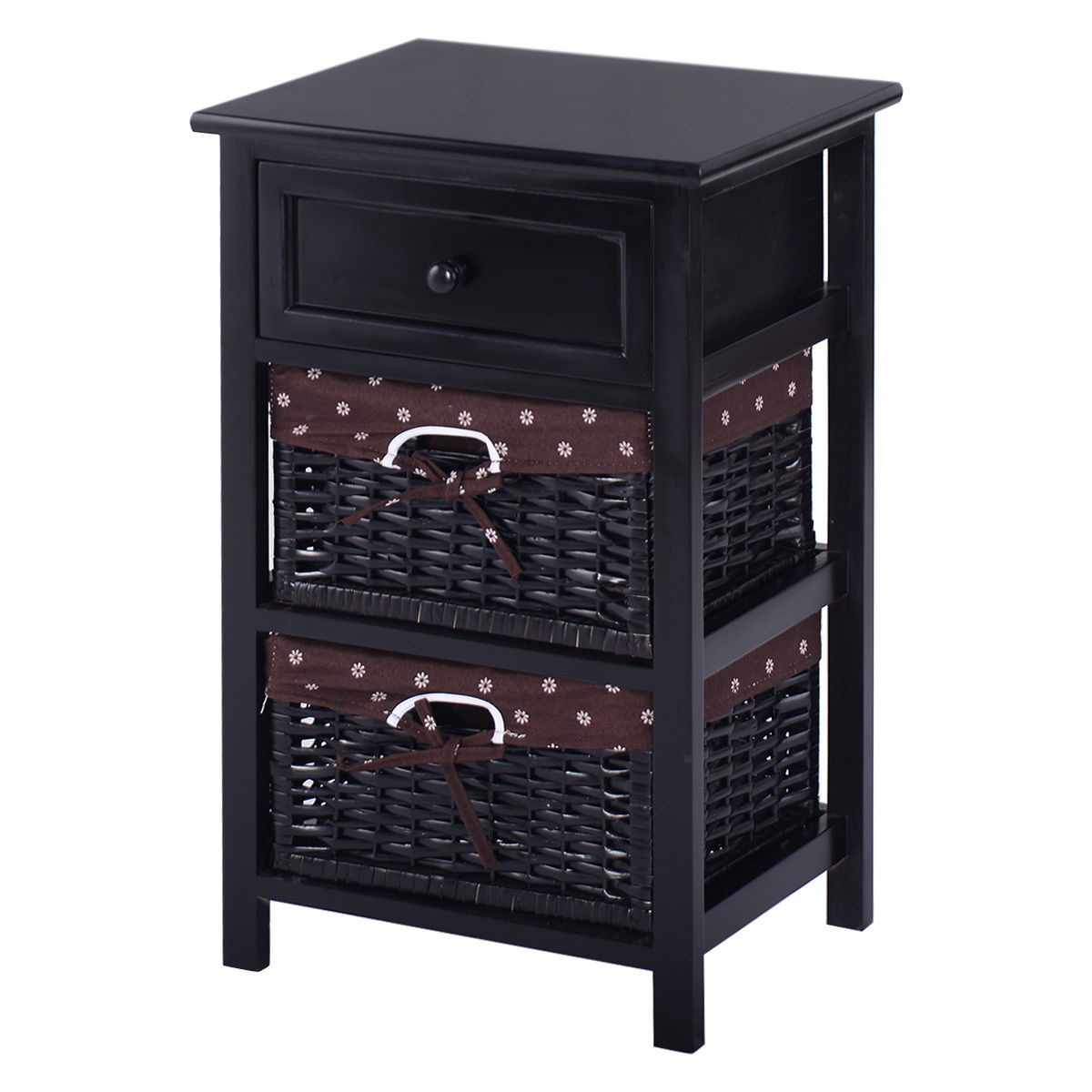 3 Tiers Wooden Storage Nightstand with 2 Baskets and 1 Drawer-black-Nightstands-DECOROLALA