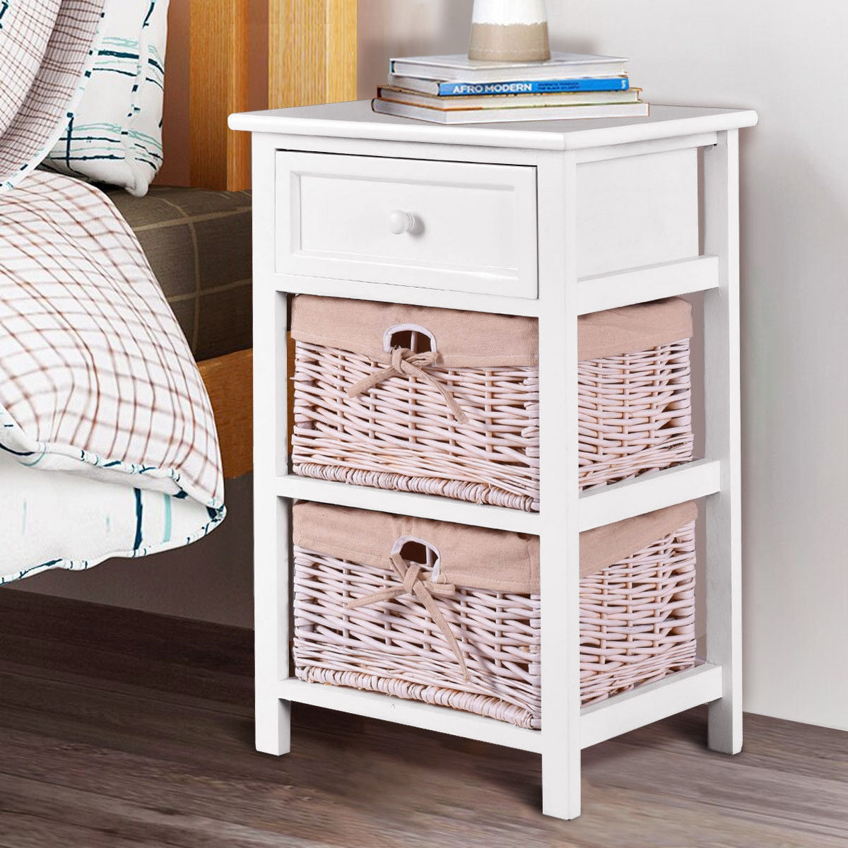 3 Tiers Wooden Storage Nightstand with 2 Baskets and 1 Drawer-white-Nightstands-DECOROLALA