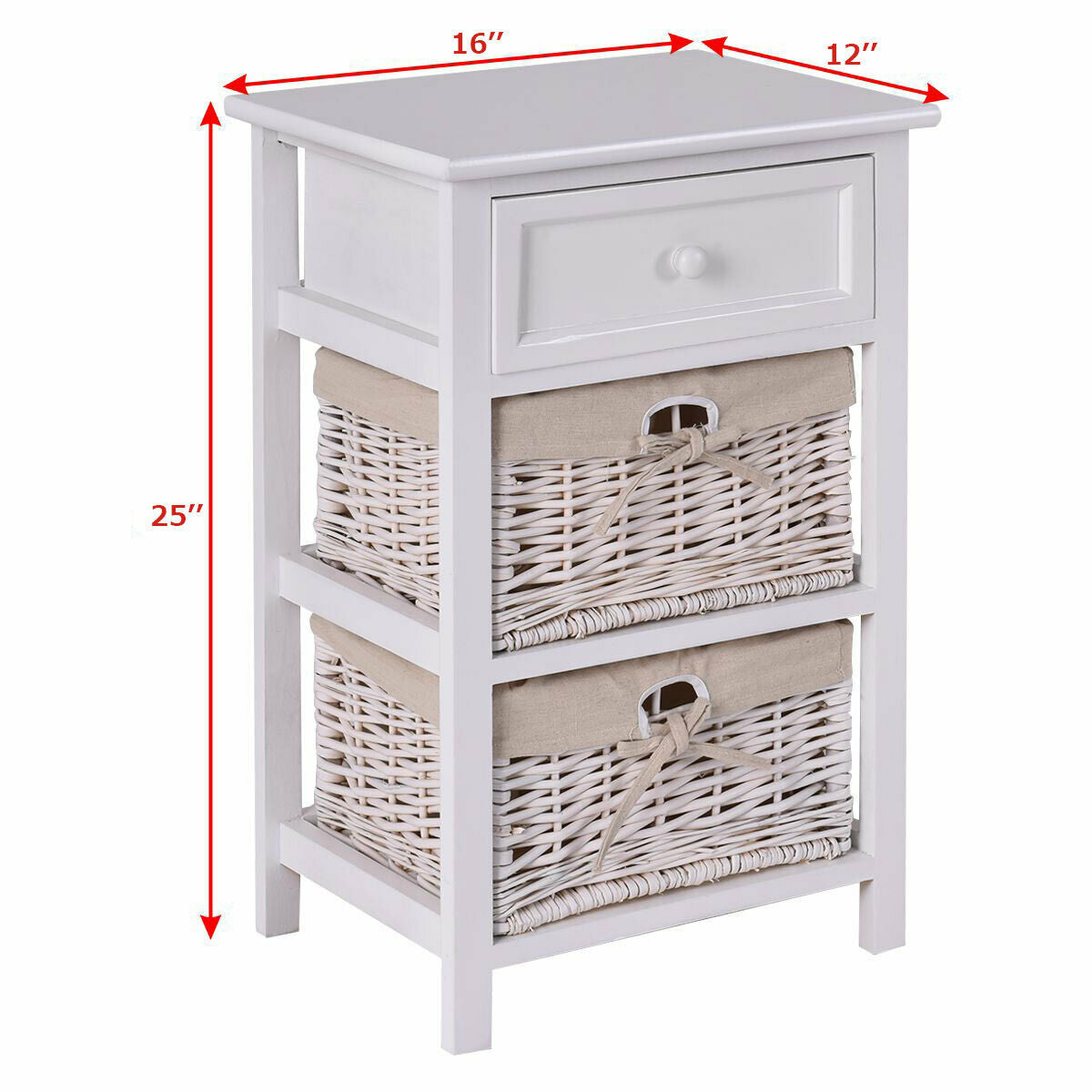 3 Tiers Wooden Storage Nightstand with 2 Baskets and 1 Drawer-white-Nightstands-DECOROLALA