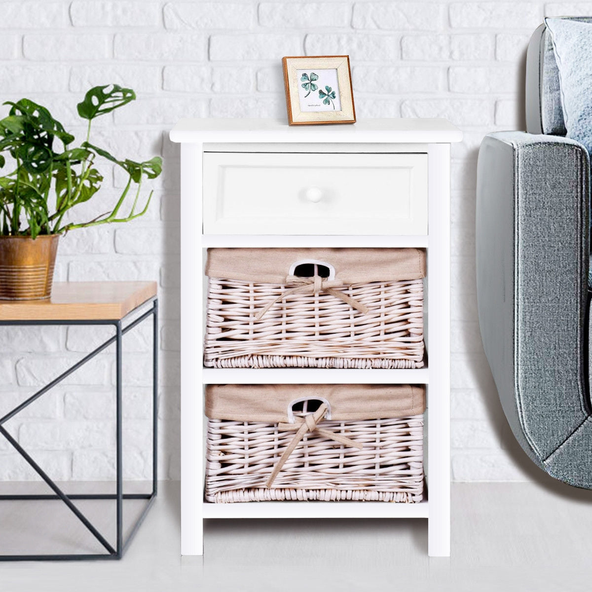 3 Tiers Wooden Storage Nightstand with 2 Baskets and 1 Drawer-white-Nightstands-DECOROLALA