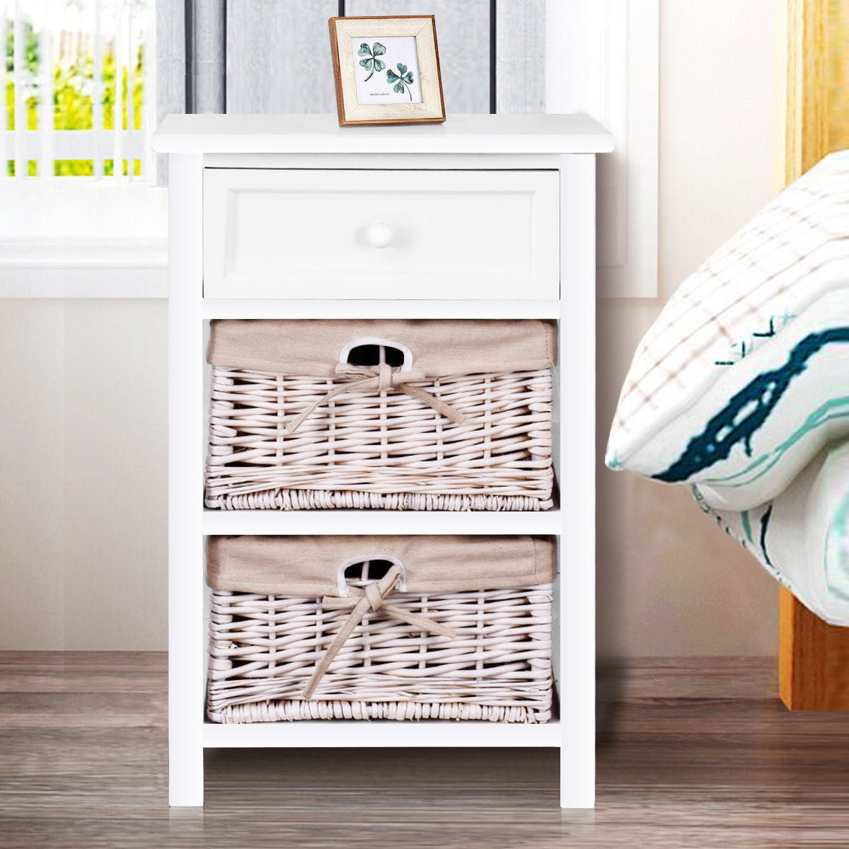 3 Tiers Wooden Storage Nightstand with 2 Baskets and 1 Drawer-white-Nightstands-DECOROLALA