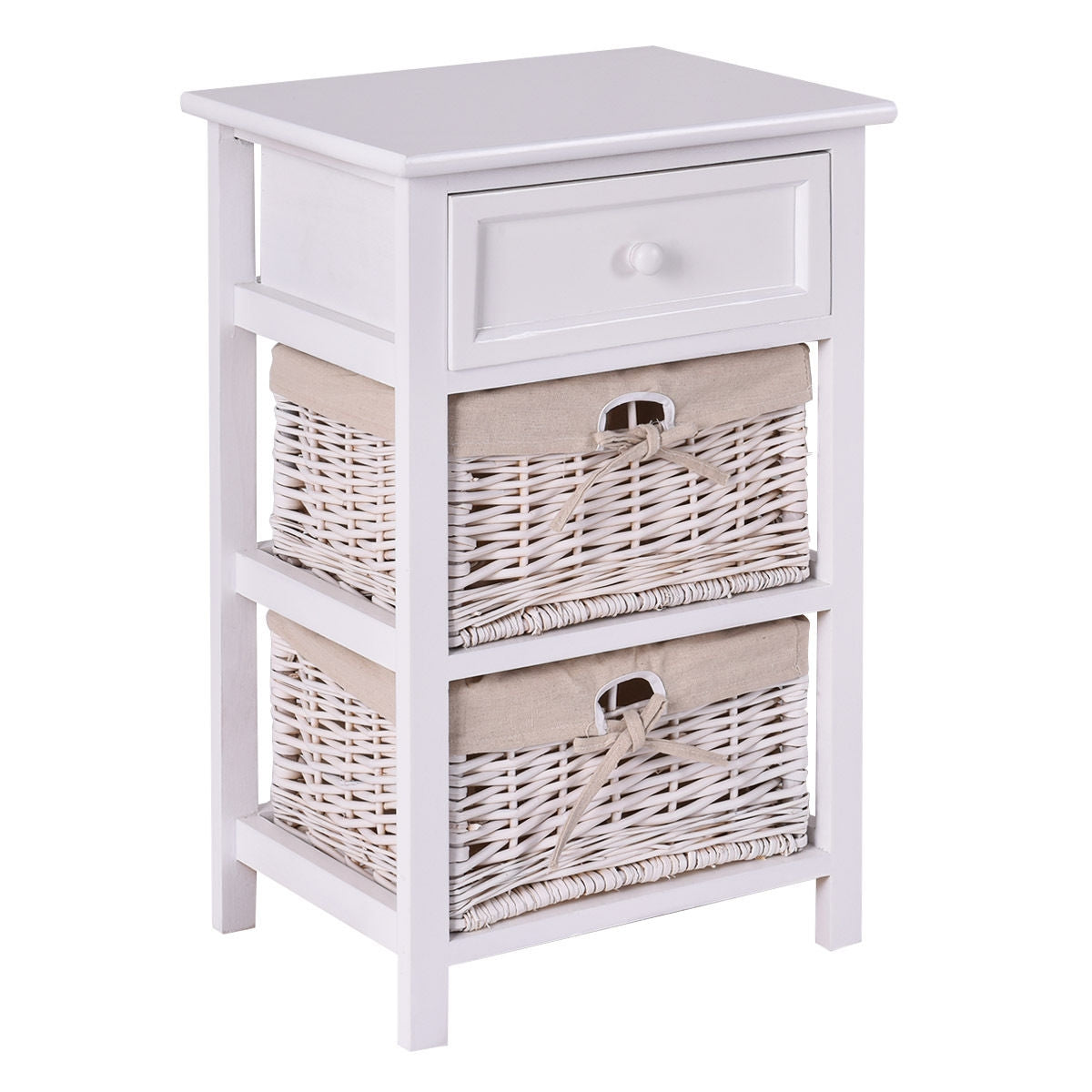 3 Tiers Wooden Storage Nightstand with 2 Baskets and 1 Drawer-white-Nightstands-DECOROLALA