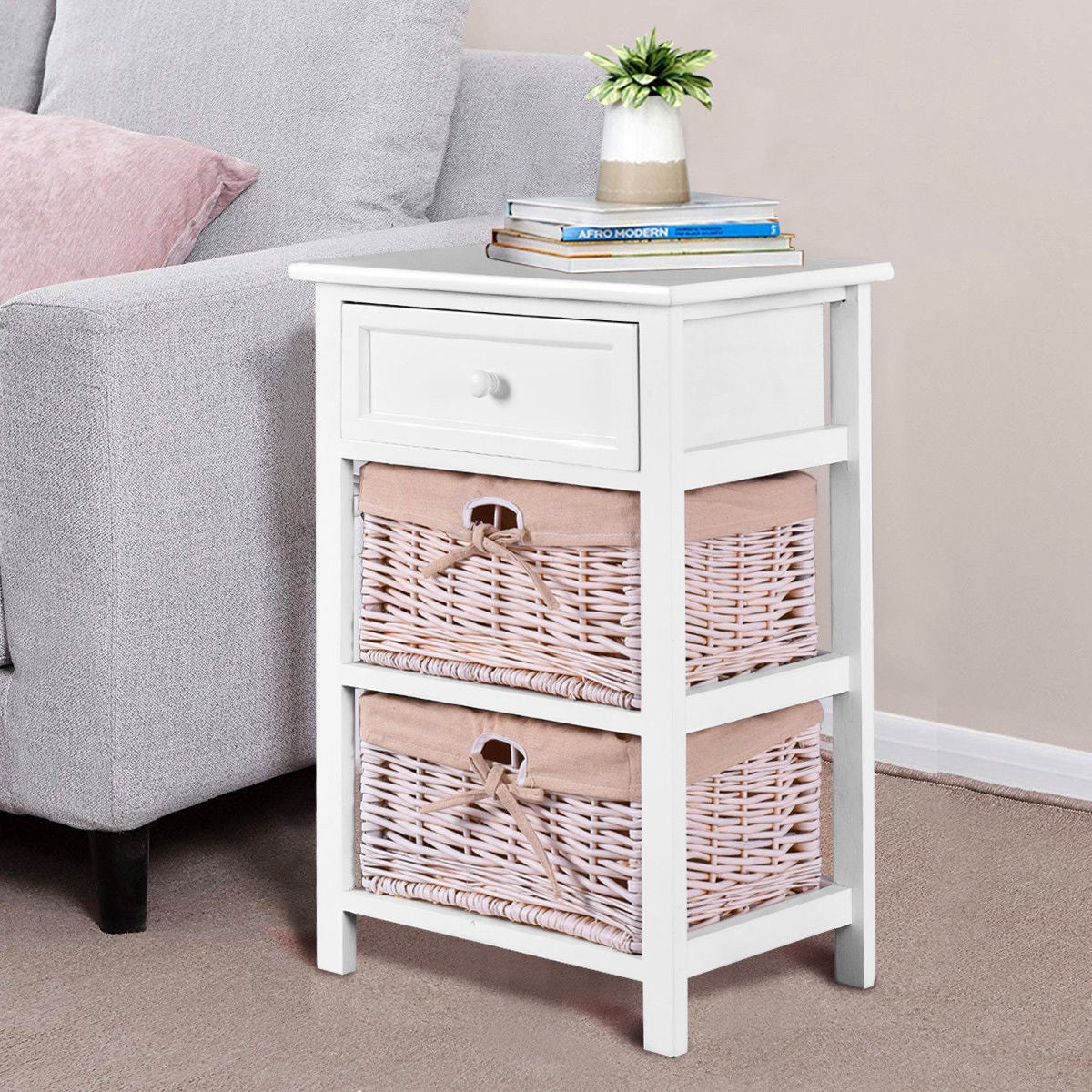 3 Tiers Wooden Storage Nightstand with 2 Baskets and 1 Drawer-white-Nightstands-DECOROLALA