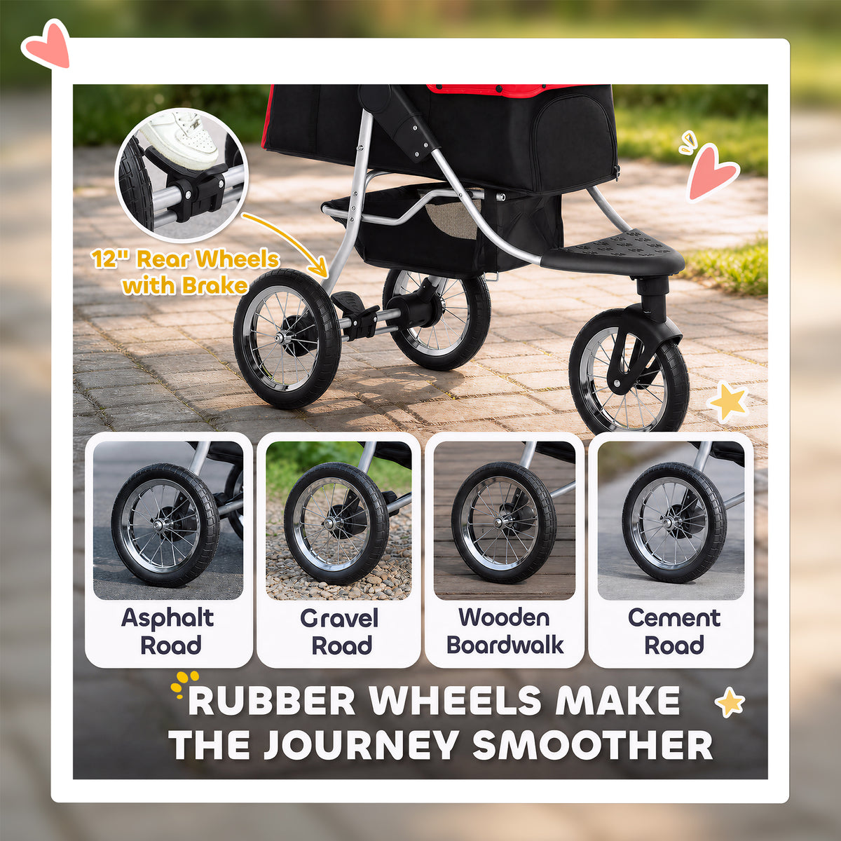 3-Wheel All-Terrain Pet Stroller for Small Dogs - Red-Dogs-DECOROLALA