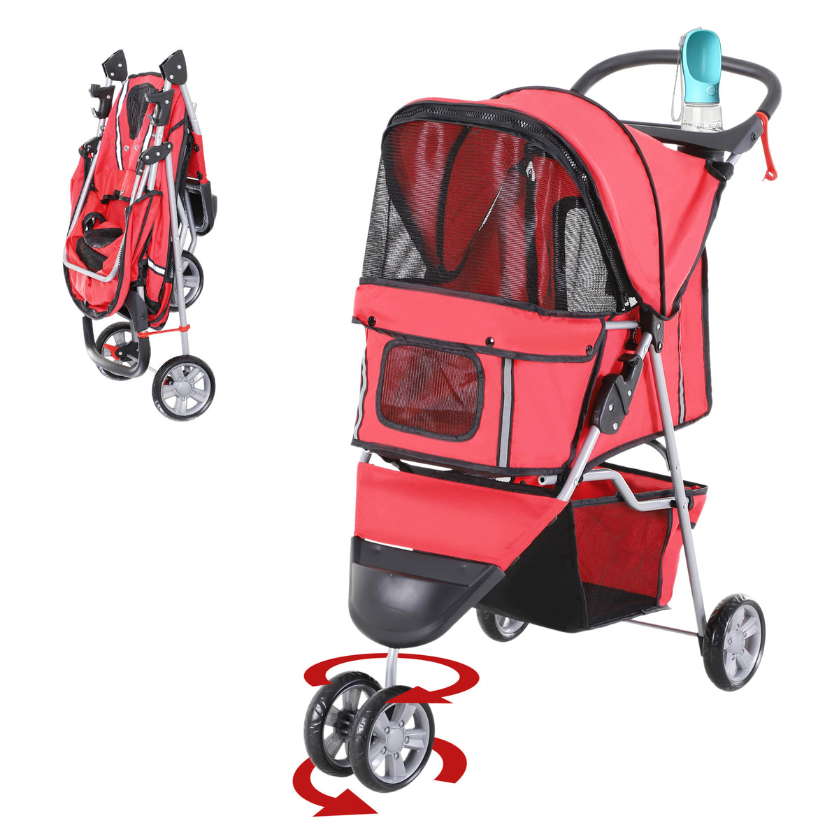 3-Wheel Foldable Dog & Cat Stroller - Red Small Pet Cart-Dogs-DECOROLALA