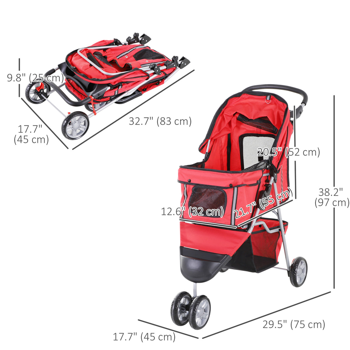 3-Wheel Foldable Dog & Cat Stroller - Red Small Pet Cart-Dogs-DECOROLALA