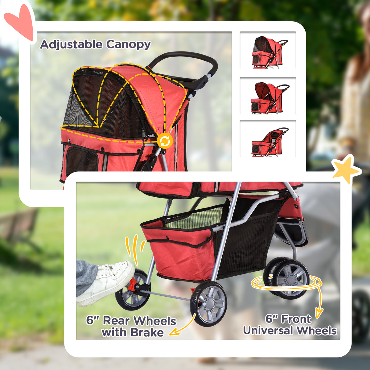 3-Wheel Foldable Dog & Cat Stroller - Red Small Pet Cart-Dogs-DECOROLALA