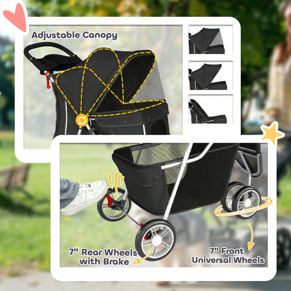 3-Wheel Foldable Dog Stroller - Black Lightweight Pet Cart-Dogs-DECOROLALA