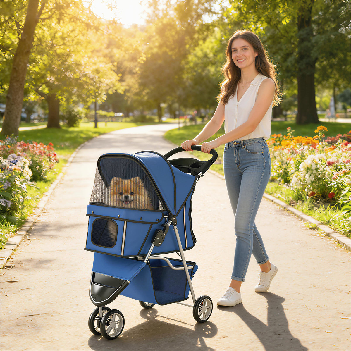 3-Wheel Foldable Dog Stroller for Small Pets - Blue-Dog Supplies-DECOROLALA