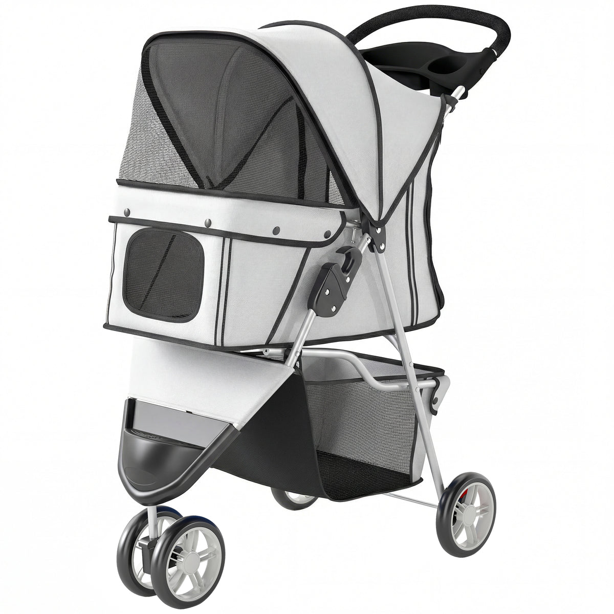 3-Wheel Foldable Dog Stroller with Storage Basket - Grey-Dogs-DECOROLALA