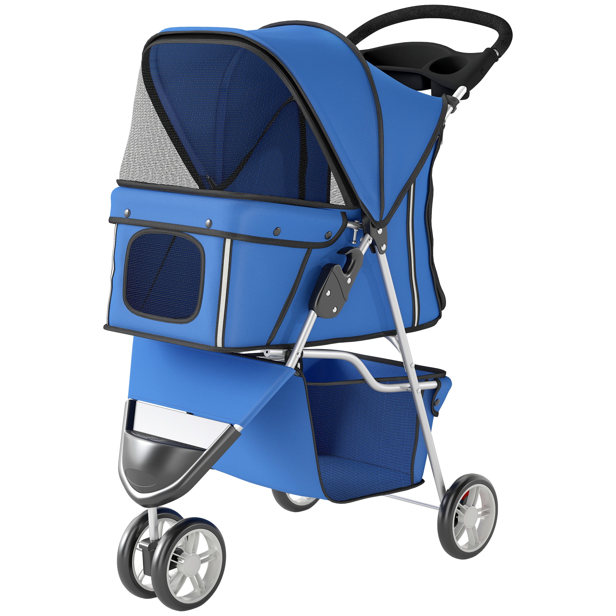 3 Wheels Foldable Dog Stroller with Storage Basket, Adjustable Canopy, Cupholder for Miniature and Small Dogs, Blue-Dogs-DECOROLALA