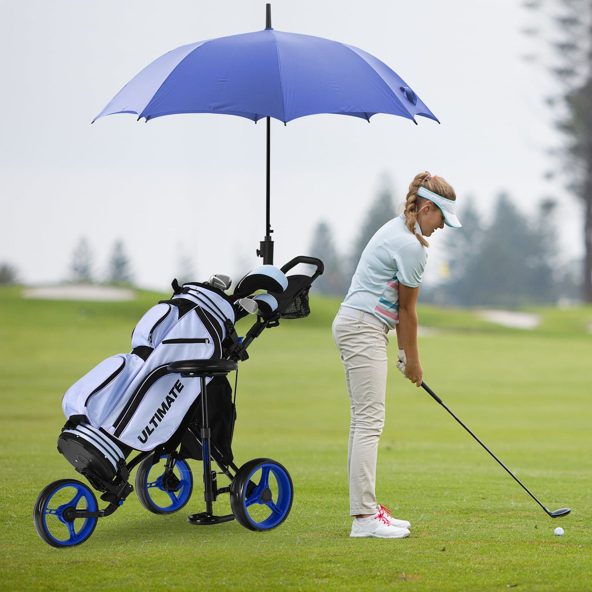 3 Wheels Folding Golf Push Cart with Seat Scoreboard and Adjustable Handle-Blue-Golf-DECOROLALA